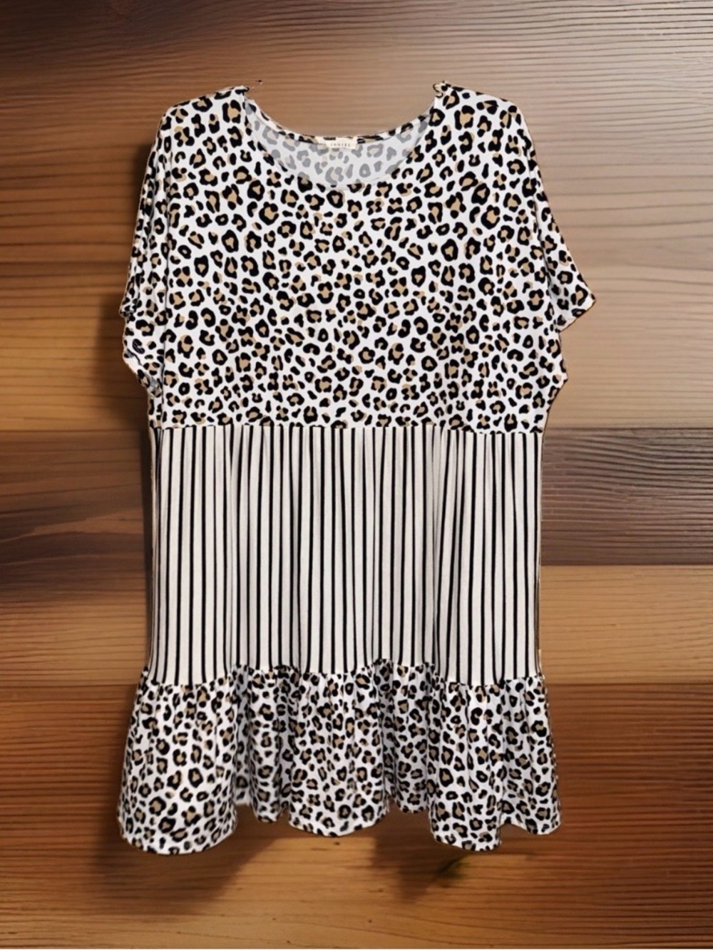 Jodifl Leopard & Stripe Short Sleeve Ruffle Hem Midi Knit Dress-White/Tan-3X-EC